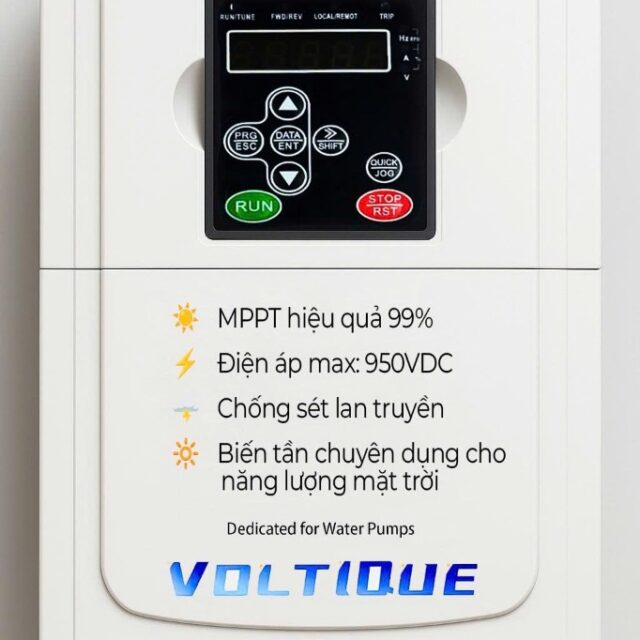 Mặt trước biến tần bơm Voltique 15kW MPPT hiệu quả 99% điện áp Max 950VDC