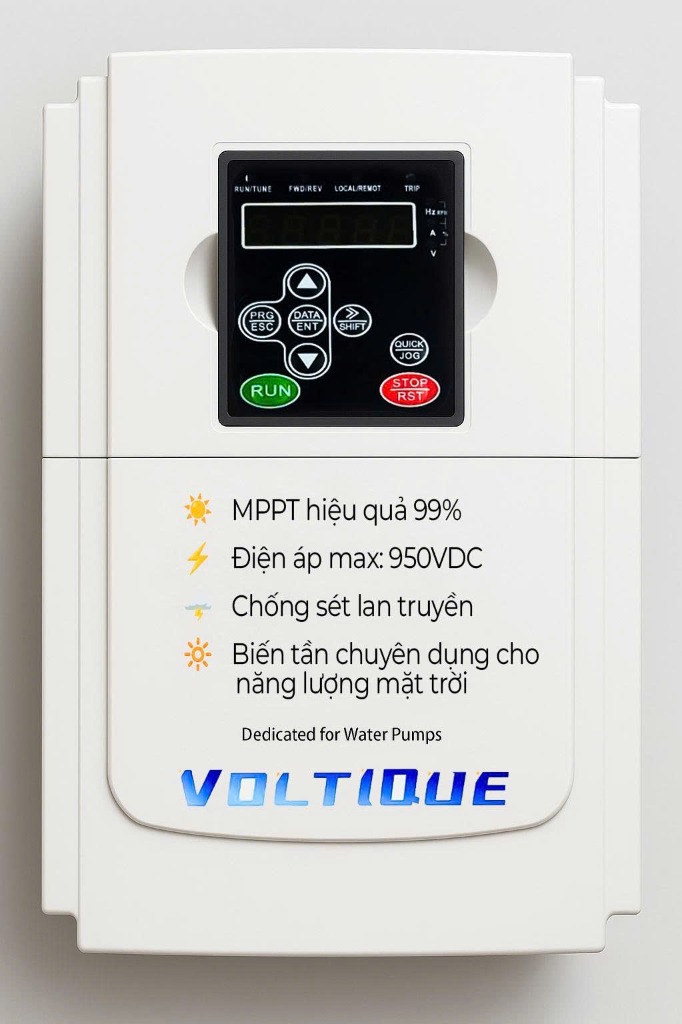 Mặt trước biến tần bơm Voltique 15kW MPPT hiệu quả 99% điện áp Max 950VDC